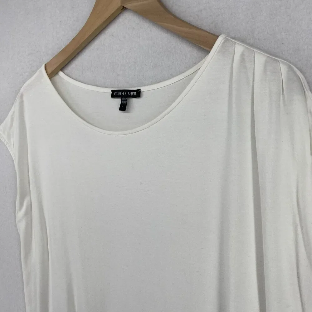 EILEEN FISHER Top L Stretch Viscose Jersey Pleated Shoulder Cap Sleeve White USA